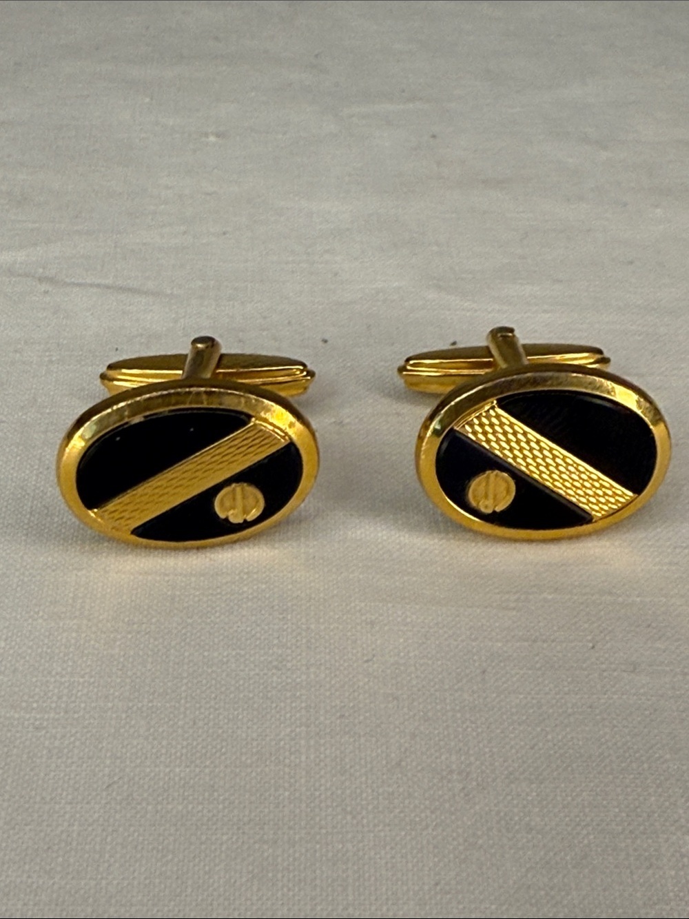 Vintage Dunhill Gold Tone Black Enamel Logo Oval Cufflinks 1" England Pair